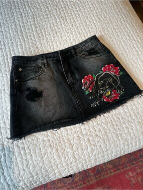 Ed Hardy Black Denim Mini Skirt with Panther & Red Rose Motif